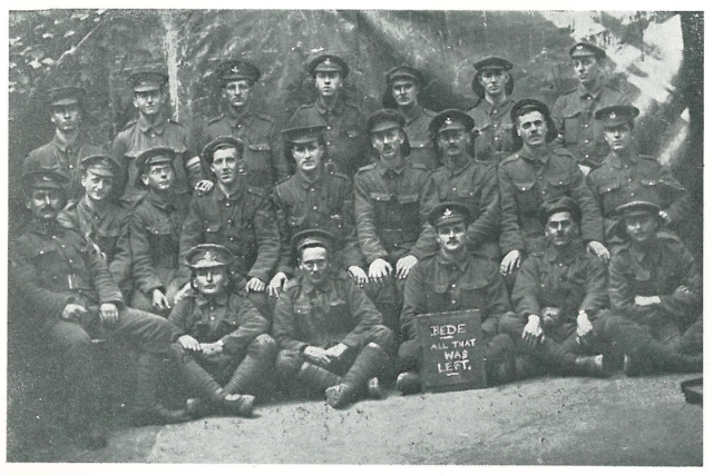 Bede: all that was left A harrowing picture of a group of survivors from the Bede Contingent after the battle on the Gravenstafel ridge on the 25th April, 1915.